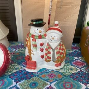 Vintage 1999 Let It Snow Snowman Couple Cookie Jar Christmas Decor Y2K
